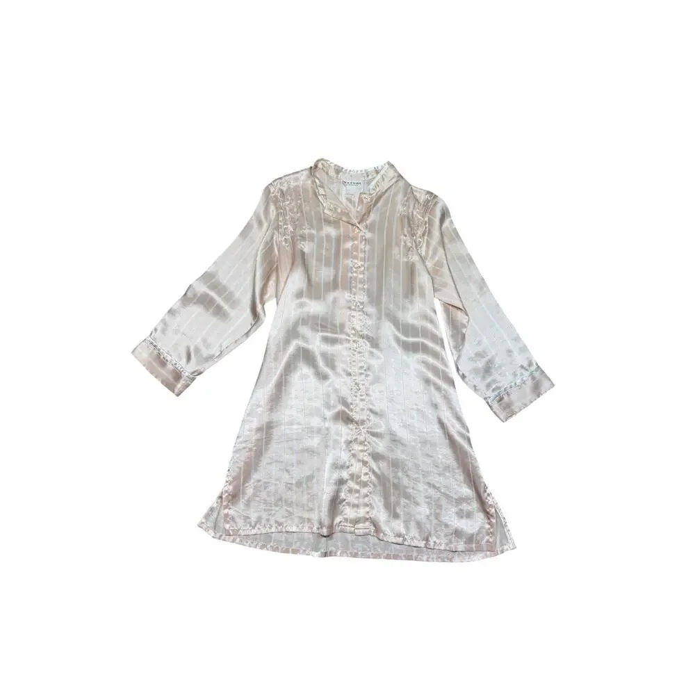 Vintage Natori Classics Peach Embroidered Satin Nightgown Sleep Shirt Medium